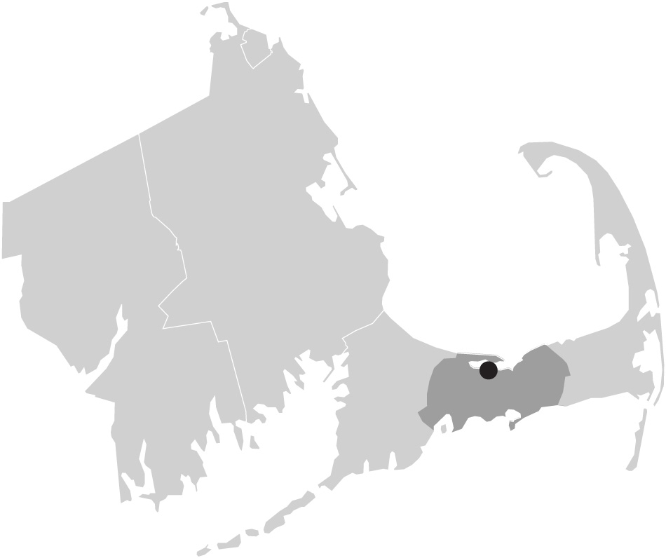 Map image of Massachusetts with Barnstable Village, Cape Cod highlighted
