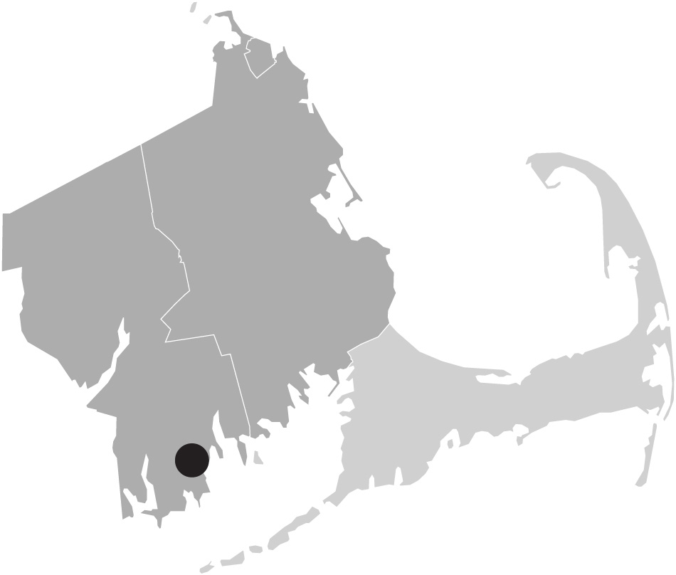 Map image of Massachusetts with Dartmouth highlighted
