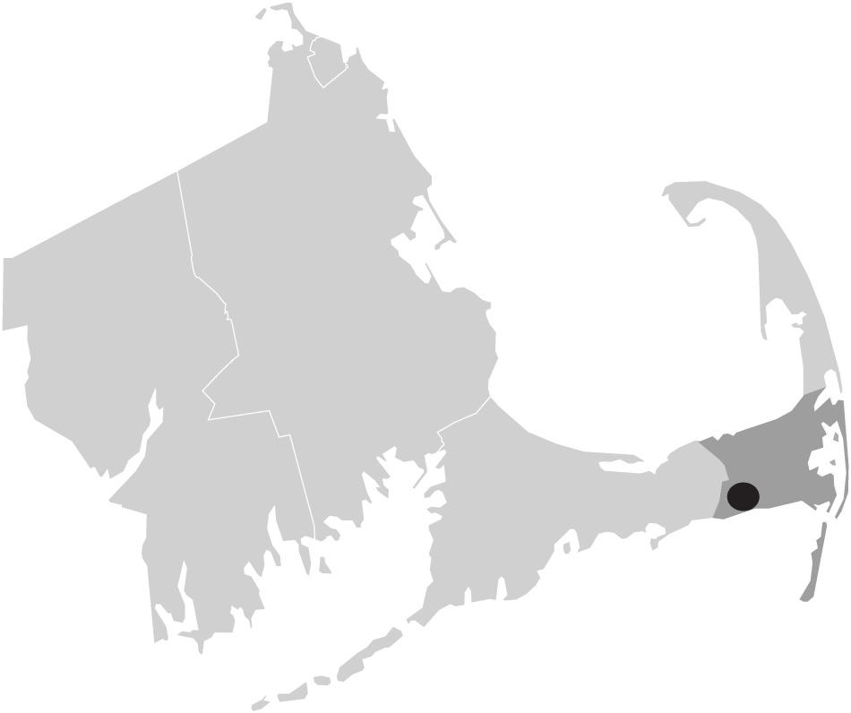 Map image of Massachusetts with Dennis Port, Cape Cod highlighted