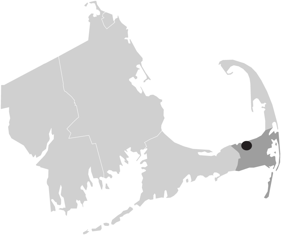 Map image of Massachusetts with East Dennis, Cape Cod highlighted