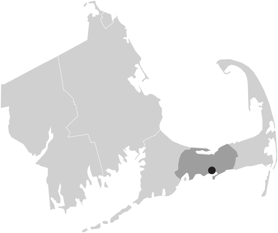 Map image of Massachusetts with Hyannis, Cape Cod highlighted