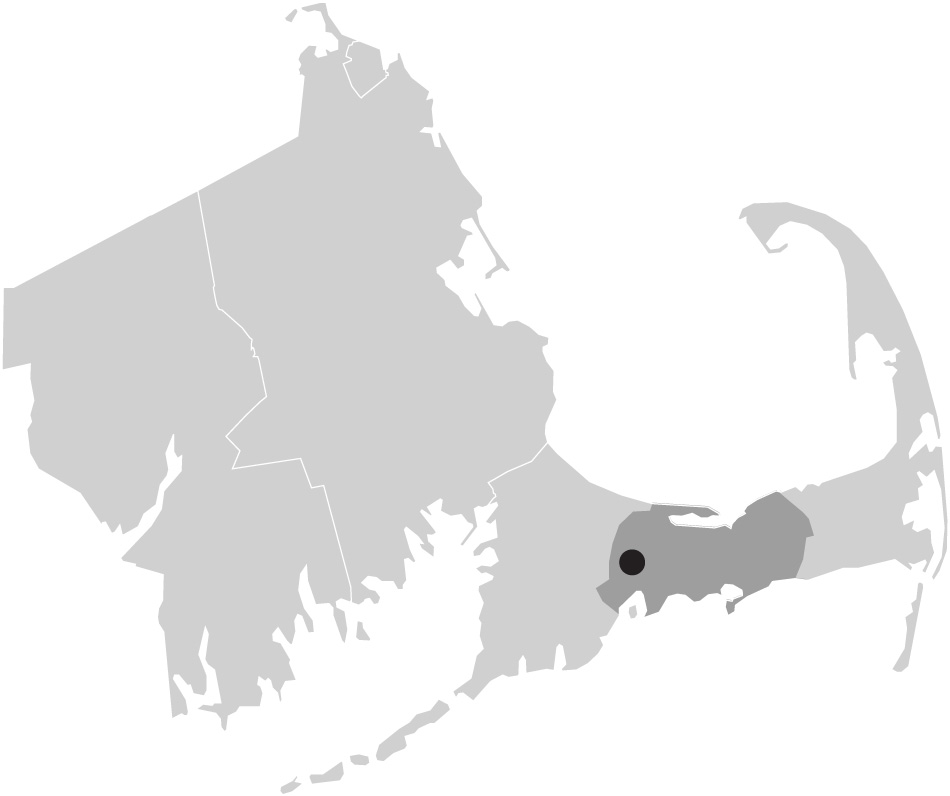 Map image of Massachusetts with Marstons Mills, Cape Cod highlighted