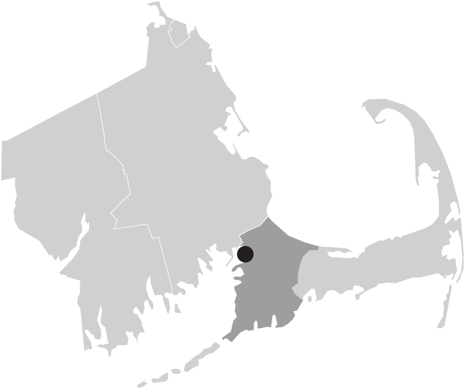 Map image of Massachusetts with Monument Beach, Cape Cod highlighted