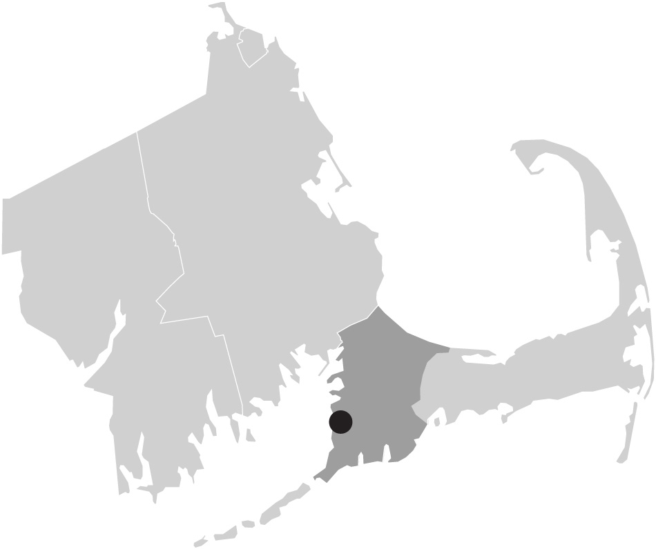 Map image of Massachusetts with North Falmouth, Cape Cod highlighted