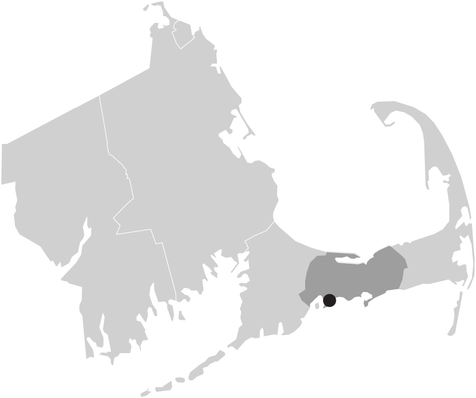 Map image of Massachusetts with Osterville, Cape Cod highlighted