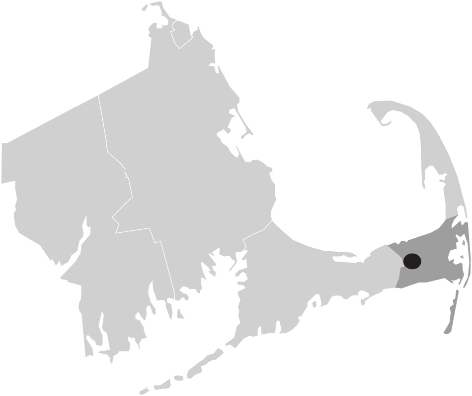 Map image of Massachusetts with South Cape Cod highlighted