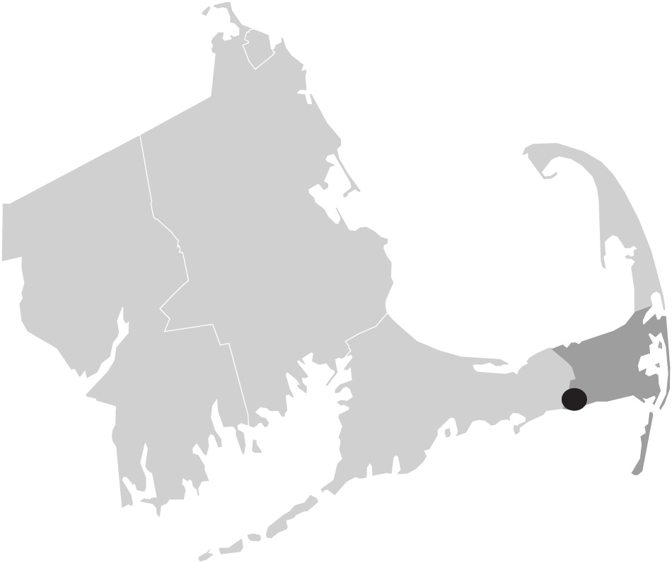 Map image of Massachusetts with West Dennis, Cape Cod highlighted