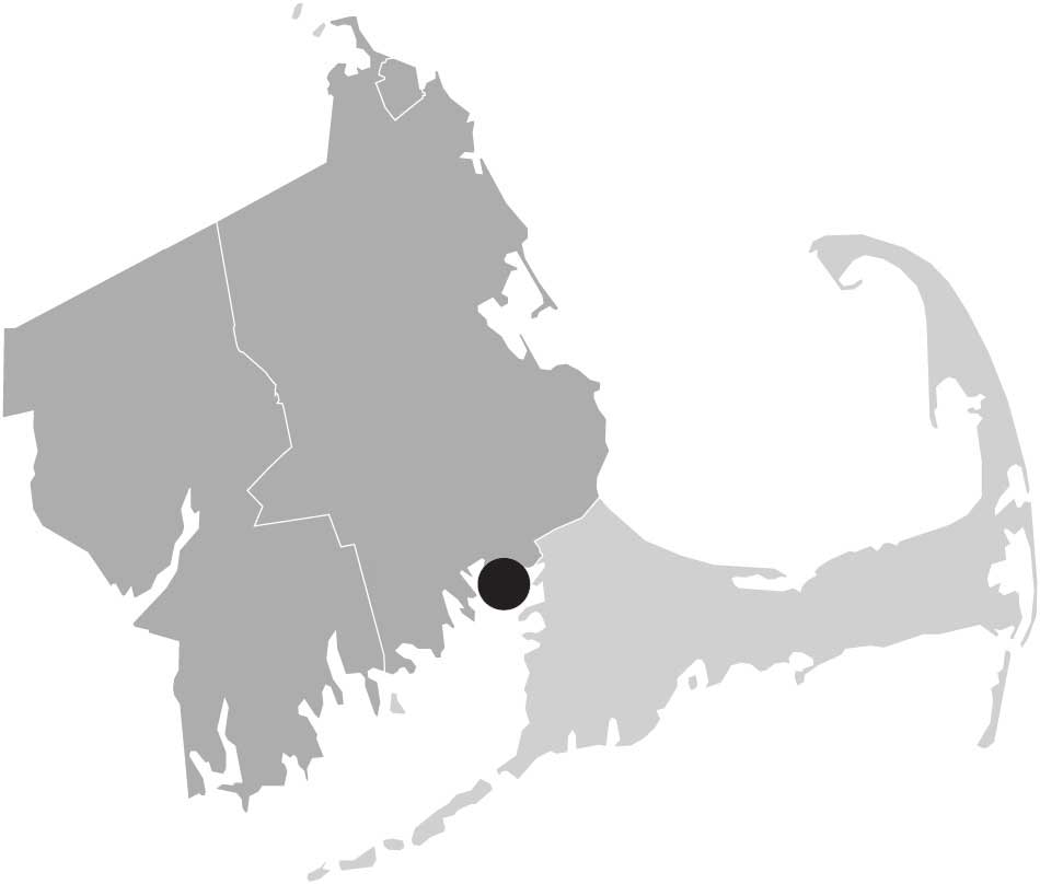 Map image highlighting the south coast of Massachusetts